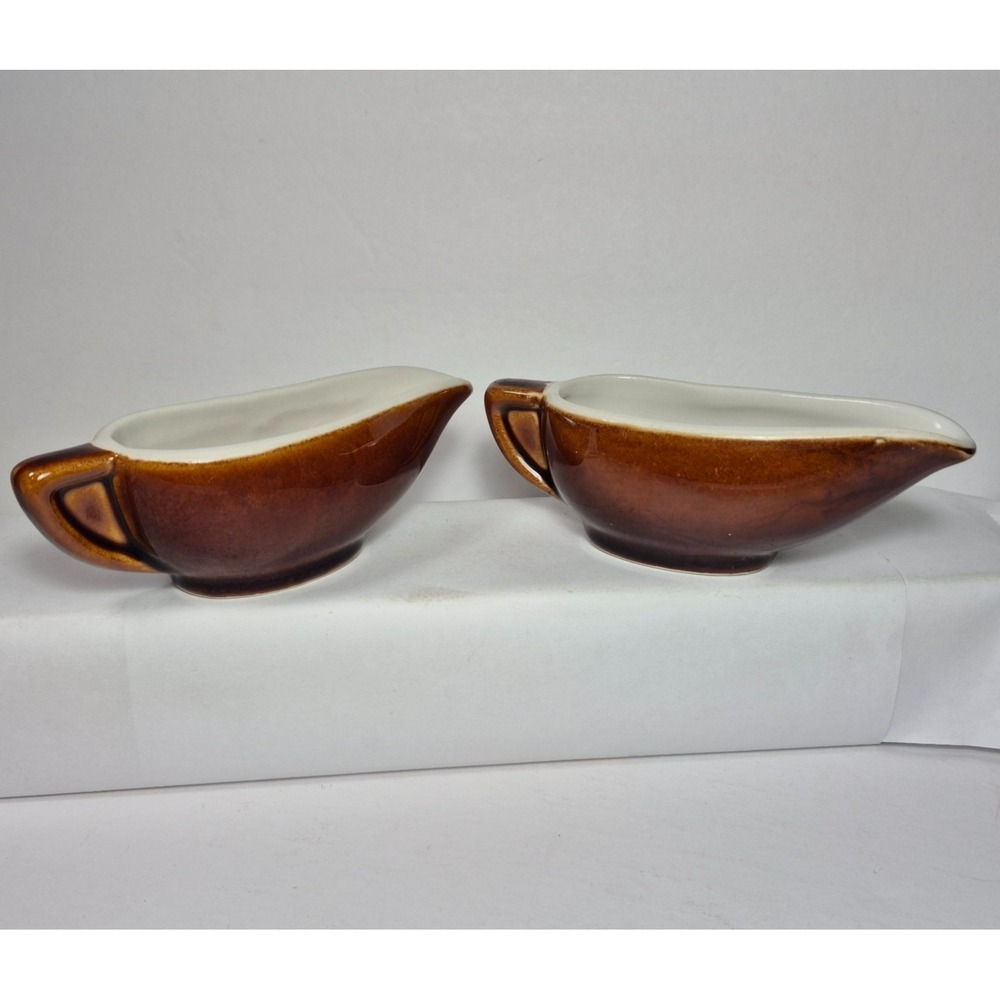 Set Of 2 Vintage Ind. Hall China Gravy Boat Syrup Creamer Brown Restaurant Ware